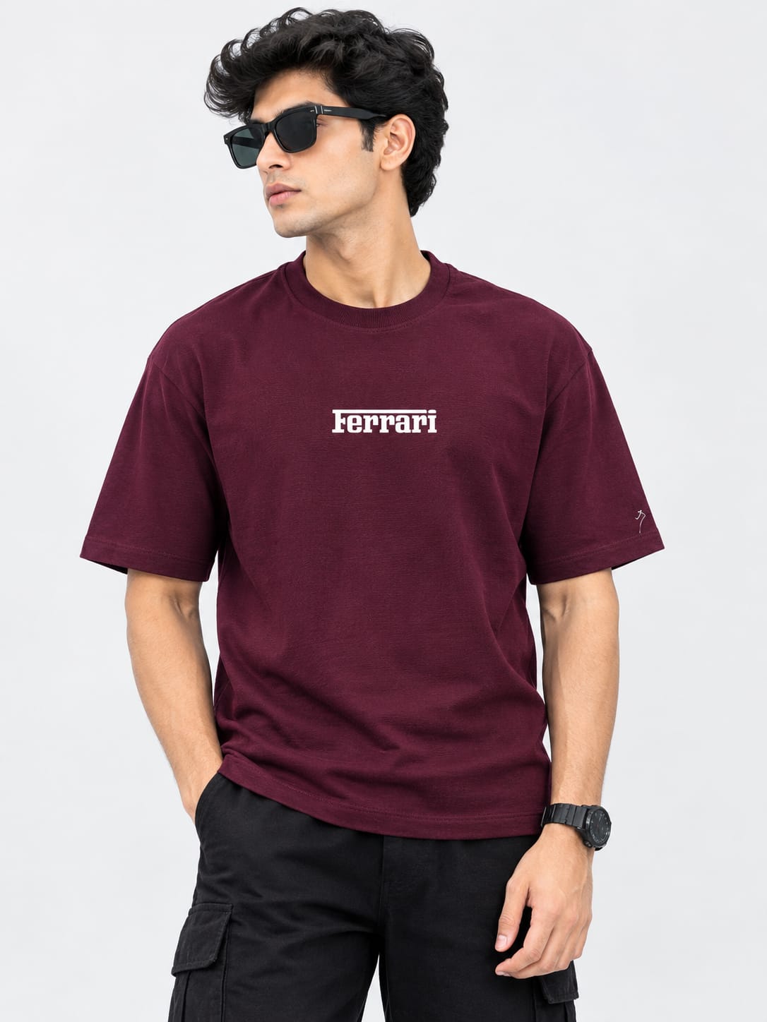 Men’s Maroon Ferrari Printed Oversized T-Shirt – Half Sleeve Crew Neck Casual Tee