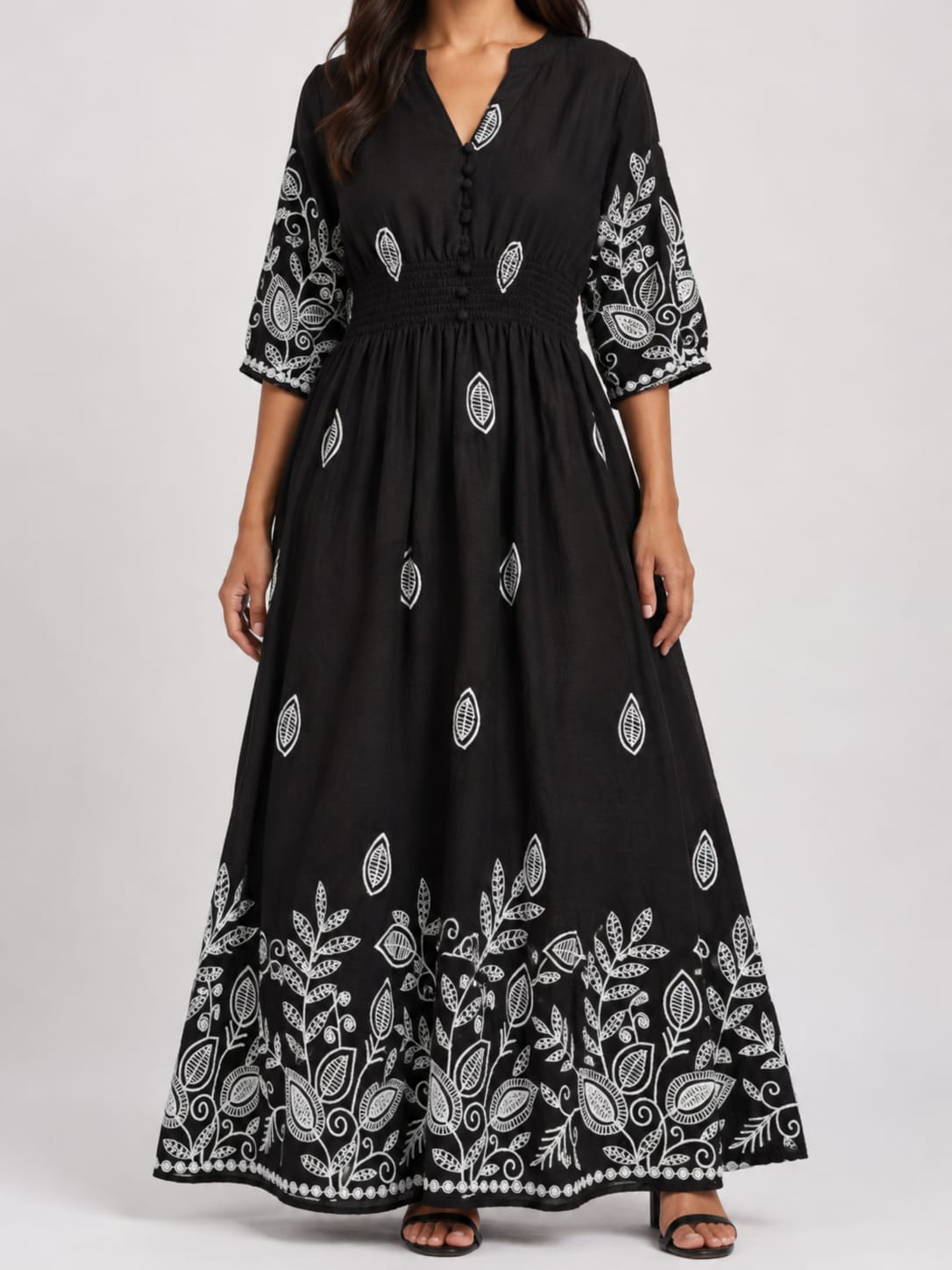 Women’s Black Anarkali Maxi Dress with White Floral Print – 3/4 Sleeve Ethnic Gown