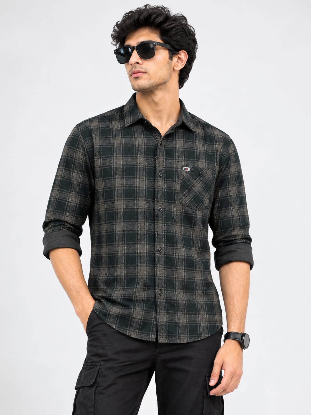 Men’s Dark Grey Checked Casual Shirt with Black Cargo Pants – Stylish Full Sleeve Shirt